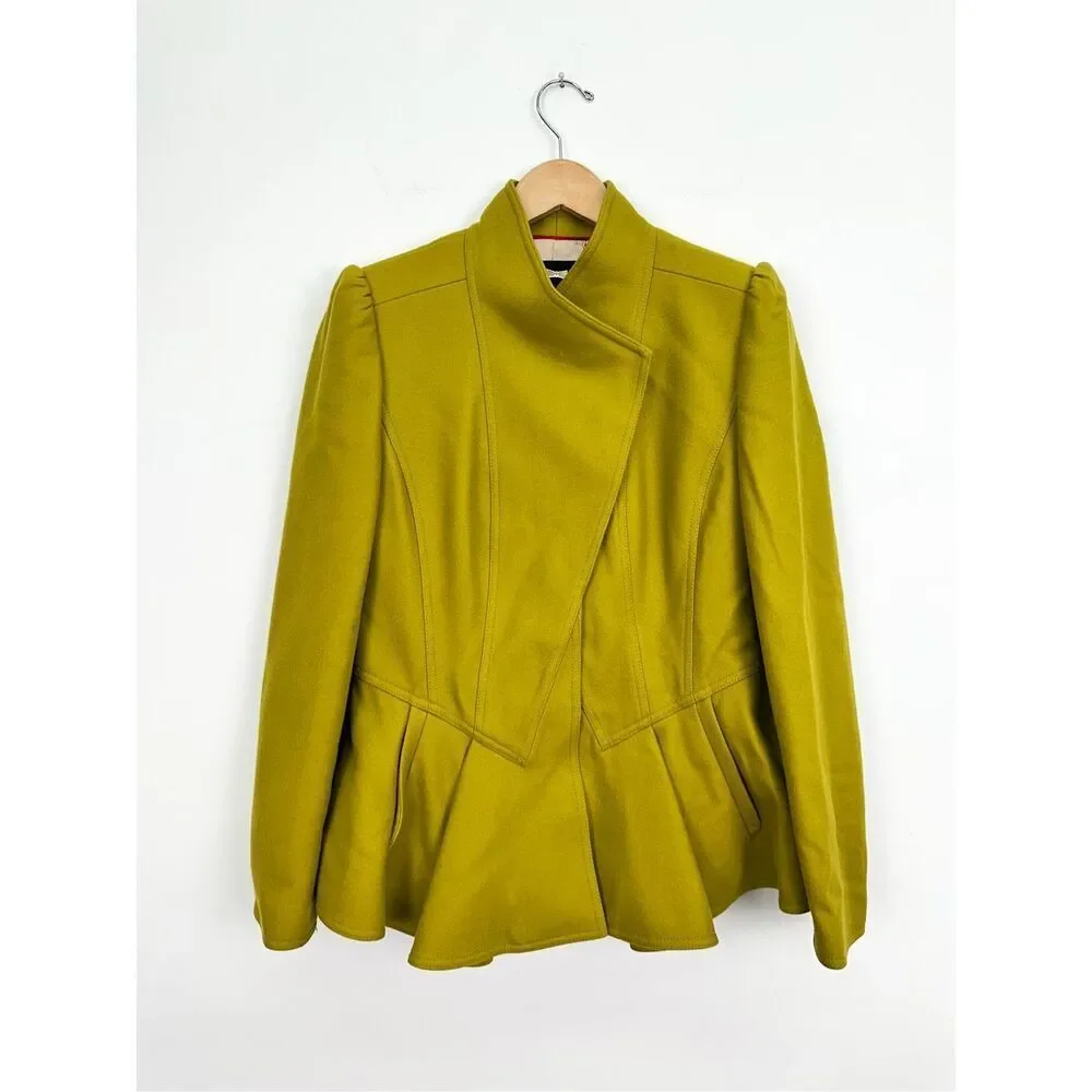 Ted Baker Women’s Wrenn Chartreuse Green Wool Cashmere Blend Peplum Blazer Jacke - Picture 2 of 16
